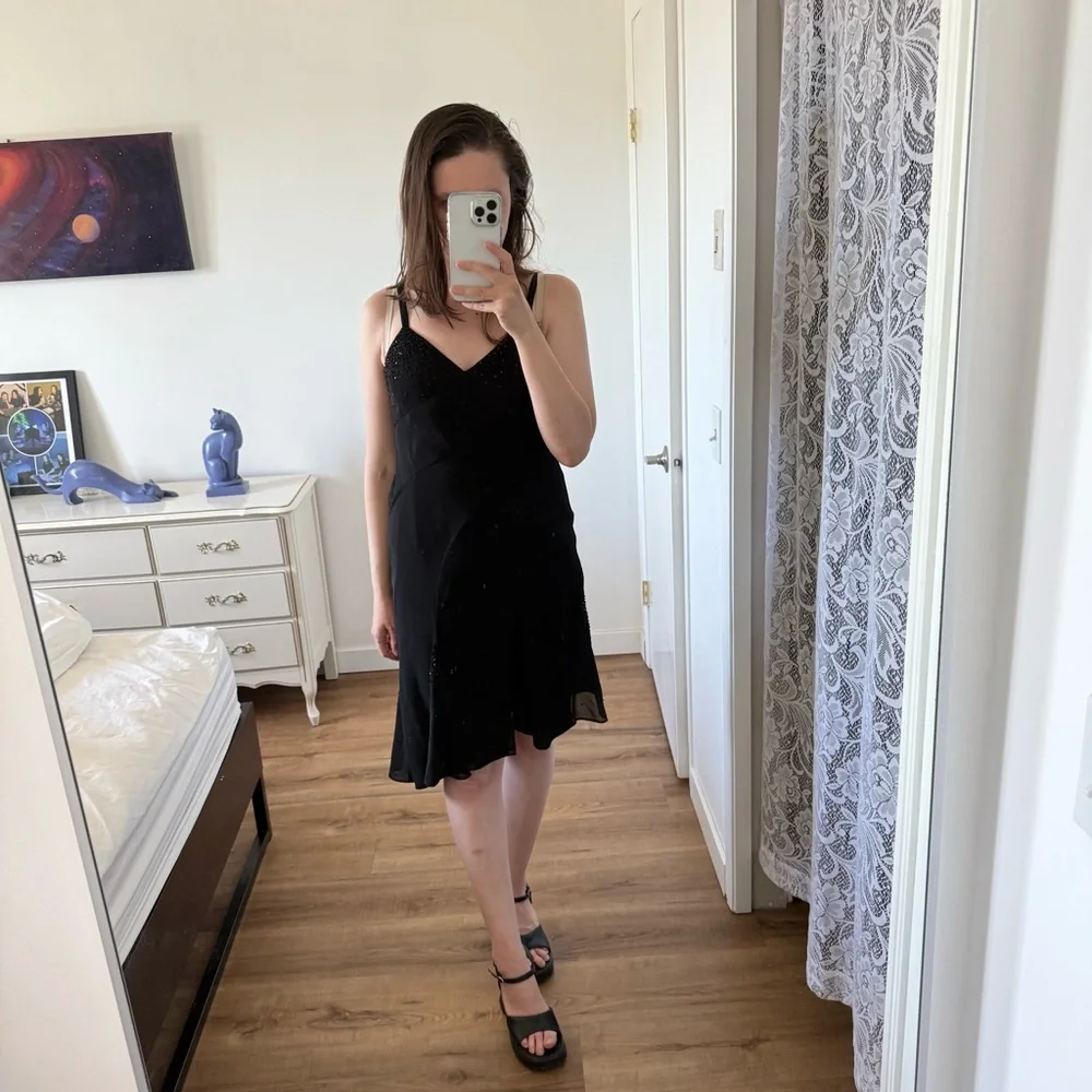Vintage Evan Picone Black Sequin Mini Dress Asymmetrical Hem Witchy 6P - Picture 3 of 11